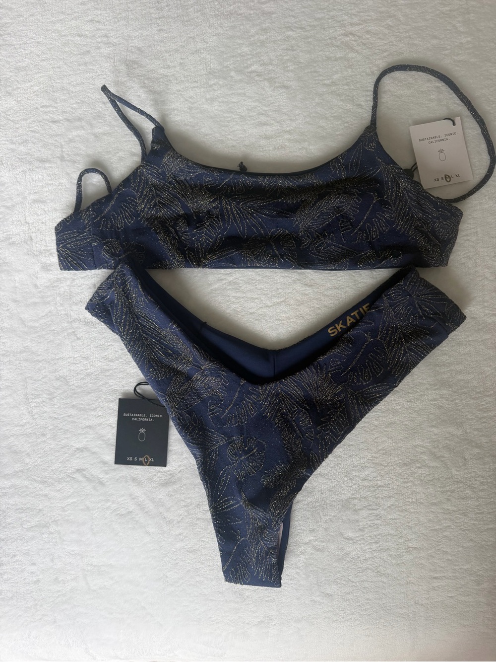 Skatie Navy Bikini Set with Gold Metallic Leaf Pattern